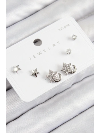 Pirinç Zirkon Taşlı Yıldız Model Gümüş Renk 925 Ayar Gümüş Çivi Kadın Küpe Set