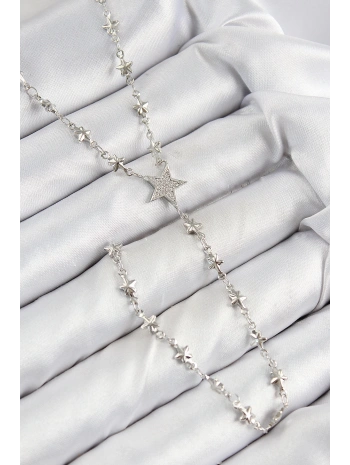 Pirinç Zirkon Taşlı Yıldız Model Gümüş Renk Y Kolye