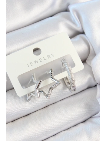 Pirinç Zirkon Taşlı Yıldız Ve Halka Model Gümüş Renk 3lü Çift Kadın Küpe Set