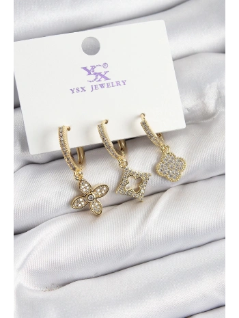 Pirinç Zİrkon Taşlı Yonca Model Gold Renk 3lü Kadın Küpe