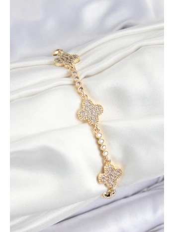 Pirinç Zirkon Taşlı Yonca Model Gold Renk Kadın Bileklik