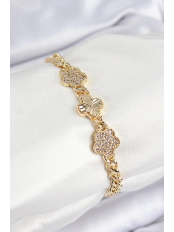 Pirinç Zirkon Taşlı Yonca Model Gold Renk Kadın Bileklik