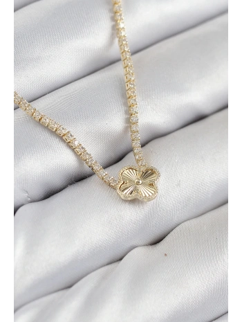Pirinç Zirkon Taşlı Yonca Model Gold Renk Kadın Kolye