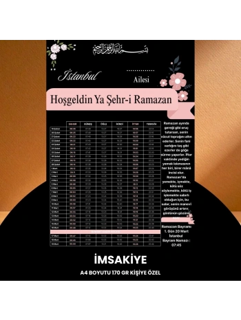 Ramazan İmsakiyesi - 170 Gr - A4 Boyut Kişiye Özel İsimli & Logolu 100 Adet Pembe
