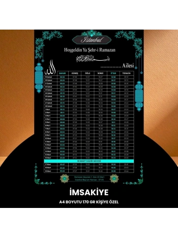 Ramazan İmsakiyesi - 170 Gr - A4 Boyut Kişiye Özel İsimli & Logolu 100 Adet Siyah-mavi