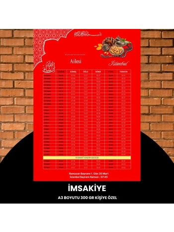 Ramazan İmsakiyesi - 300 Gr - A3 Boyut Kişiye Özel İsimli & Logolu 1 Adet Kırmızı