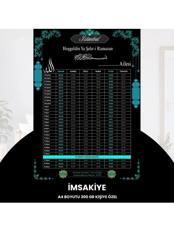 Ramazan İmsakiyesi - 300 Gr - A4 Boyut Kişiye Özel İsimli & Logolu 1 Adet Siyah-mavi