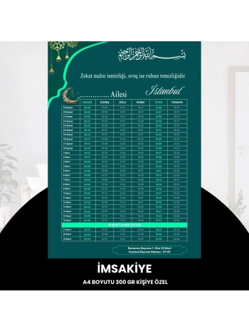 Ramazan İmsakiyesi - 300 Gr - A4 Boyut Kişiye Özel İsimli & Logolu 1 Adet Yeşil-turkuaz