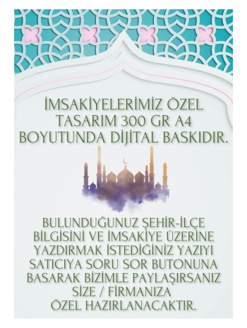 Ramazan İmsakiyesi Modern Kişiye Özel Tasarımlı Dijital Baskı 1000 Adet A4 300 gr Model 50