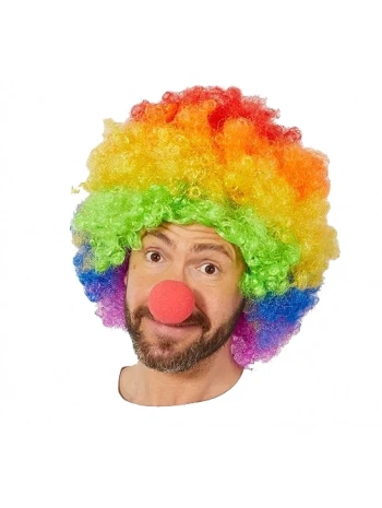 Rengarenk Gökkuşağı Afro Bonus Peruk ve Kırmızı Renk Sünger Burun 120 gr (5047)