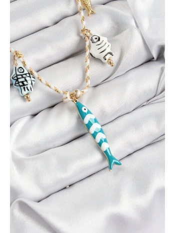 Seramik Motifli Balık Figürlü Model Krem İp Kadın Kolye