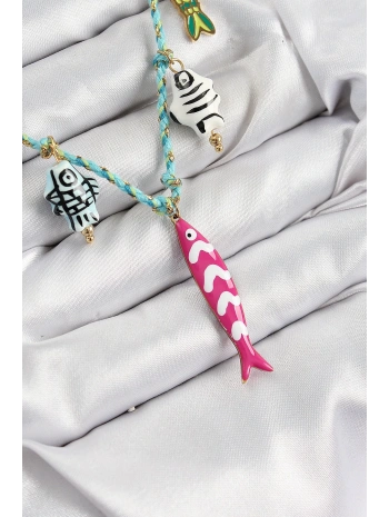 Seramik Motifli Pembe Balık Figürlü Model Mavi İp Kadın Kolye