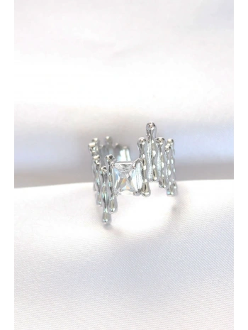 Silver Renk Tırtıklı Kalın Baget Taş Tasarım Ayarlanabilir Yüzük