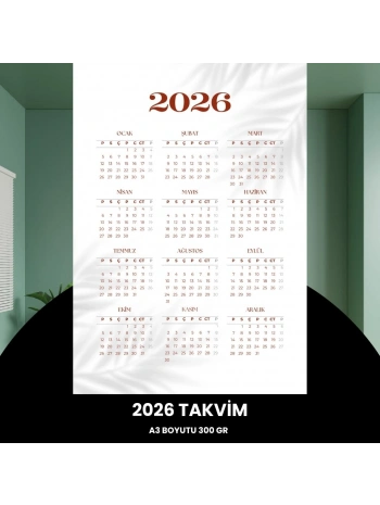 Takvim 2026 Premium A3 300 Gr Dijital Baskı Beyaz Bordo