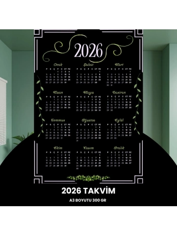 Takvim 2026 Premium A3 300 Gr Dijital Baskı Siyah Yeşil