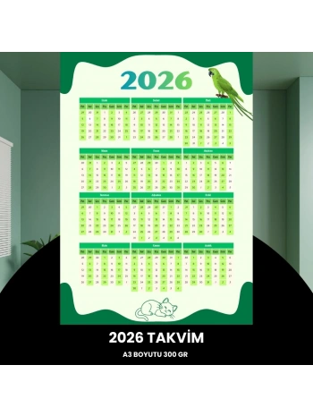 Takvim 2026 Premium A3 300 Gr Dijital Baskı Yeşil-beyaz