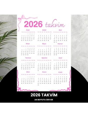 Takvim 2026 Premium A4 300 Gr Dijital Baskı Pembe