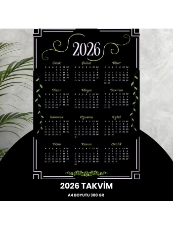 Takvim 2026 Premium A4 300 Gr Dijital Baskı Siyah Yeşil