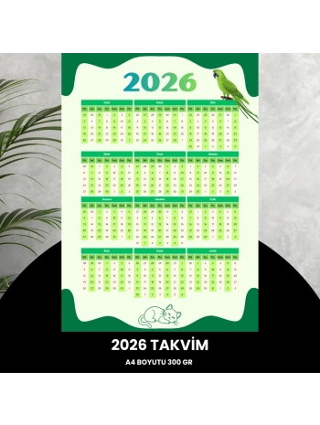 Takvim 2026 Premium A4 300 Gr Dijital Baskı Yeşil-beyaz