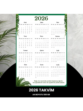 Takvim 2026 Premium A4 300 Gr Dijital Baskı Yeşil Yaprak