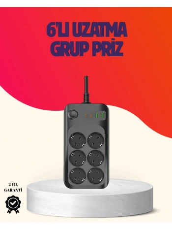 USB Type-C Destekli Termal Korumalı 6’lı Uzatma Priz 10A 2m