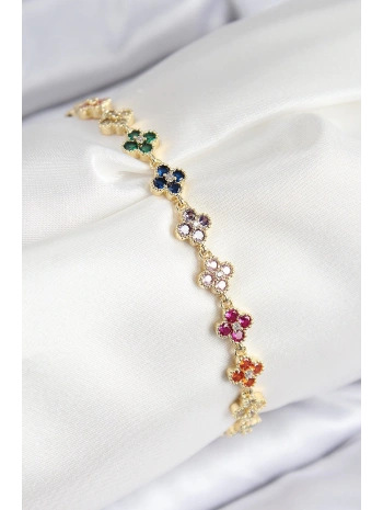 VIP Pirinç Renkli Zirkon Taşlı Yonca Model Gold Renk Kadın Bileklik