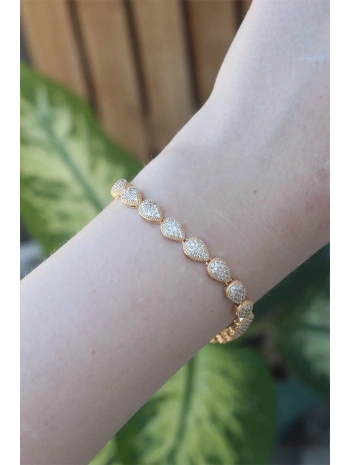 Vip Seri Pirinç Zirkon Taşlı Gold Renk Damla Model Bileklik