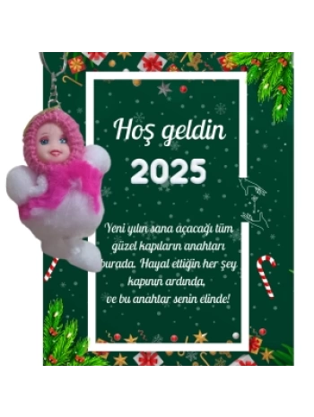 Yeni Yıl Kart Üzerinde Anahtarlık (Kişiye Özel Yazı Yazdırılabilir) Peluş Bebek 5 adet