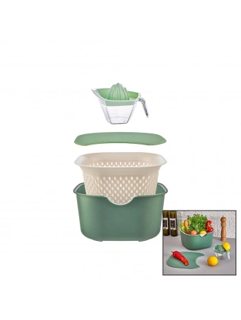 YEŞİL 5PCS MUTFAK SETİ PLS.KARIŞTIRMA KAP=4LT - SÜZGEÇ=3.5LT - KESİM PANO - SIKACAK=0.25LT (5047)