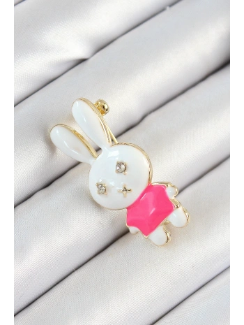 Zirkon Taş Detaylı Beyaz Ve Pembe 3D Tavşan Figürlü Kadın Broş