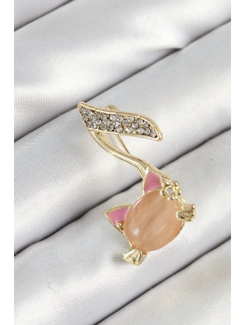 Zirkon Taşlı 3D Kedi Detaylı Nota Figürlü Gold Renk Kadın Broş