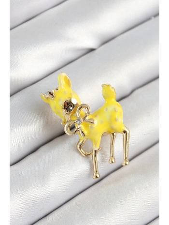 Zirkon Taşlı Fiyonk Detaylı 3D Sarı Ceylan Figürlü Gold Renk Kadın Broş