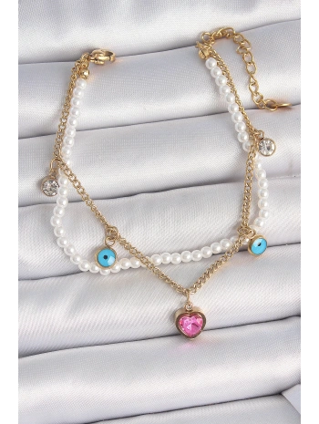 316L Çelik Gold Renk 2Li İncili Zincir Sallantı Pembe Kalp Model Nazar Boncuk Detay Kadın Bileklik