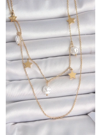 316L Çelik Gold Renk 2Li Zincir Sallantı Yıldız İnci Model Kadın Kolye
