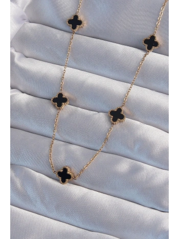 316L Çelik Gold Renk Minimal Siyah Mineli Yonca Kolye