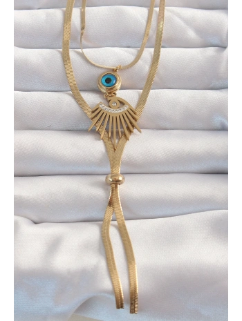 316L Çelik Gold Renk Zirkon Taşlı Göz Detay Nazarlı Uzun Asansör Model Kolye