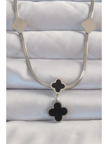 316L Çelik Gümüş Renk İtalyan Zincirli Mineli Yonca Kolye