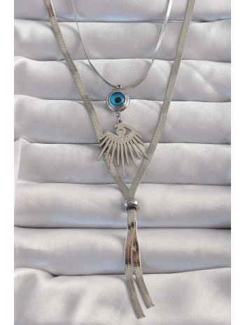 316L Çelik Gümüş Renk Zirkon Taşlı Göz Detay Nazarlı Uzun Asansör Model Kolye