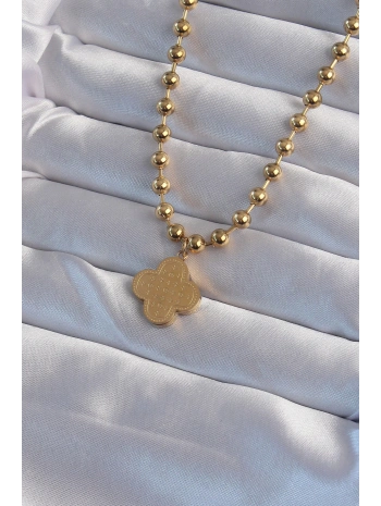 316L Çelik Top Zincirli Gold Renk İşlemeli Yonca Model Kolye