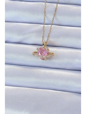 316L Çelik Zincir Altın Renk Pembe Zirkon Taşlı Satürn Görünümlü Kalp Kolye