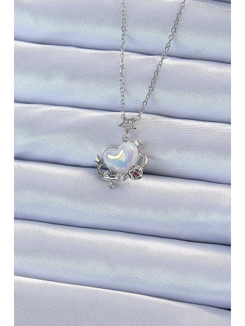 316L Çelik Zincir Gümüş Renk Zirkon Taşlı Gezegen Görünümlü Kalp Kolye