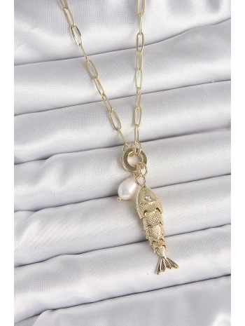 İnci Detaylı Zirkon Taşlı Balık Figürlü Gold Renk Pirinç Kolye