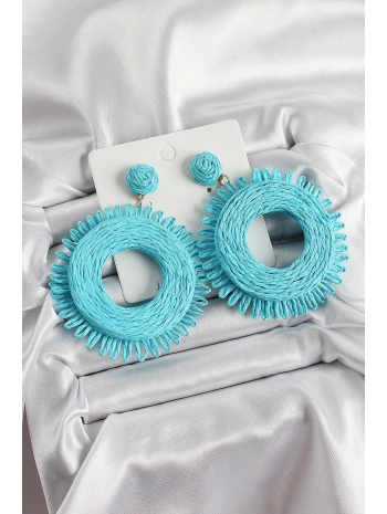 Mavi Püsküllü Halka Figürlü Hasır Örgü Model Gold Renk Kadın Küpe