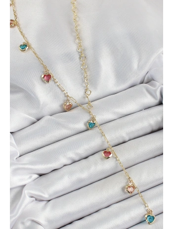 Pirinç Asorti Kalp Model Gold Renk Zirkon Taşlı Y Kolye