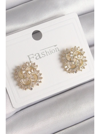 Pirinç Gold Renk Zirkon Taşlı Yonca Model Kadın Küpe