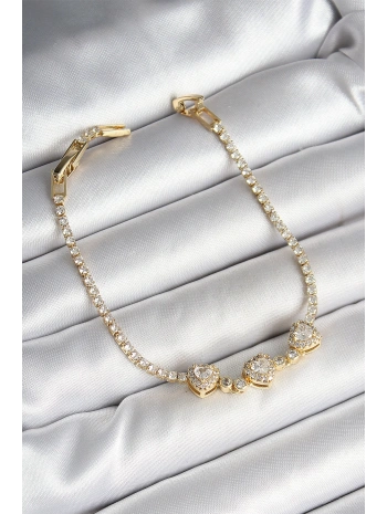 Pirinç Sıralı Kalp Figürlü Zirkon Taşlı Gold Renk Kadın Bileklik