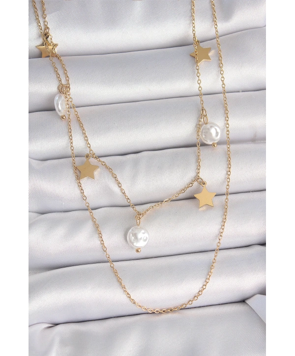 316L Çelik Gold Renk 2Li Zincir Sallantı Yıldız İnci Model Kadın Kolye