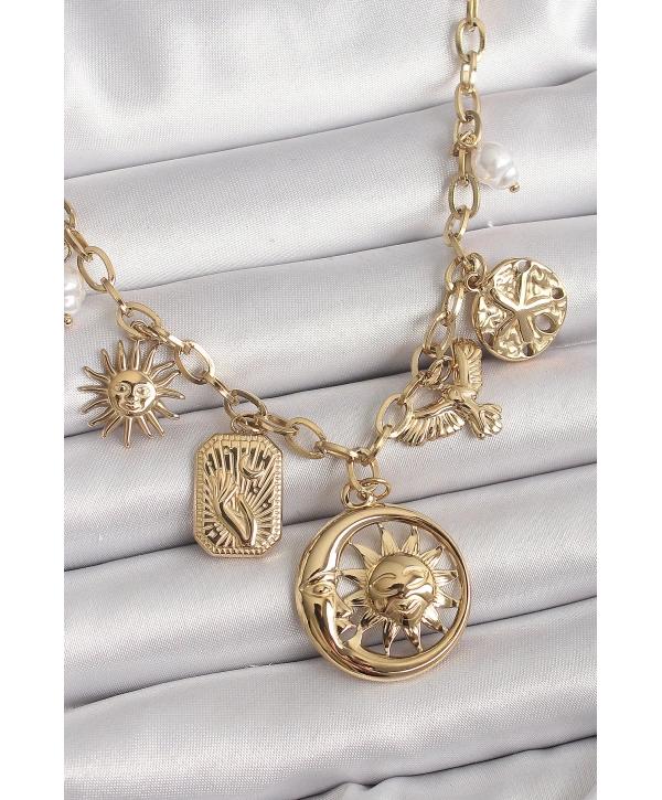 316L Çelik Gold Renk Halka Zincir Sallantı Ay Güneş Figür Kuş Detay Kadın Kolye