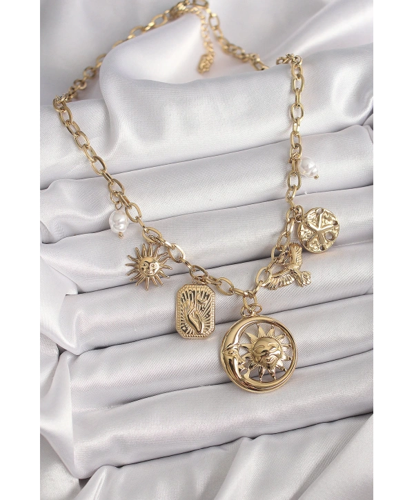 316L Çelik Gold Renk Halka Zincir Sallantı Ay Güneş Figür Kuş Detay Kadın Kolye