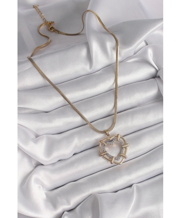 316L Çelik Gold Renk İtalyan Zincir Mix Renk Zirkon Taşlı Kalp Model Kadın Kolye